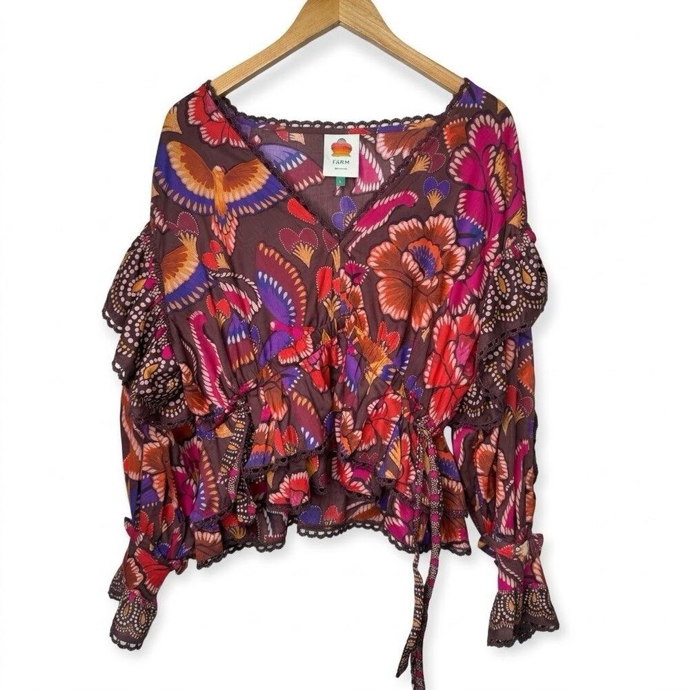 Farm Rio Women L Wrap Blouse Floral Birds Ruffle Peplum Crochet Trim Long Sleeve